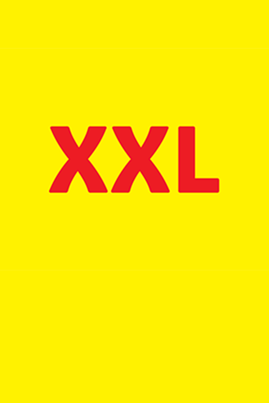 Sarkans teksts 'XXL' uz spilgti dzeltena fona.