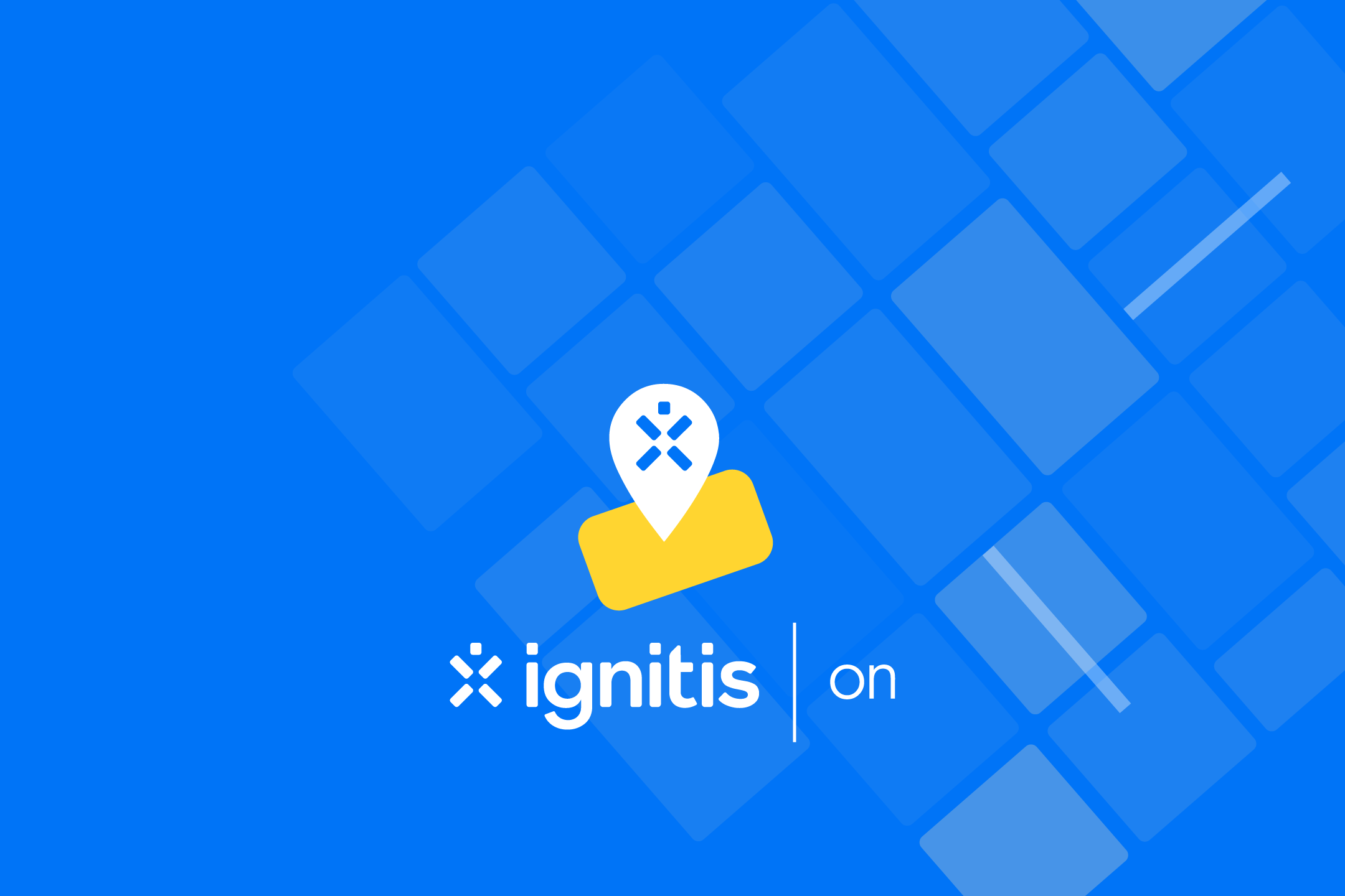 Logotips ar atrašanās vietas simbolu un uzņēmuma nosaukumu uz zila fona ar ģeometrisku rakstu.