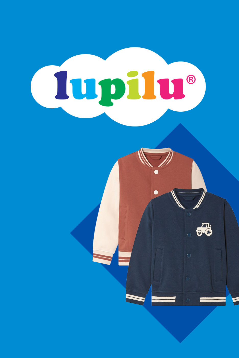 Divas bērnu bomber jakas: viena brūna ar smilškrāsas piedurknēm, otra zila ar traktora aplikāciju.