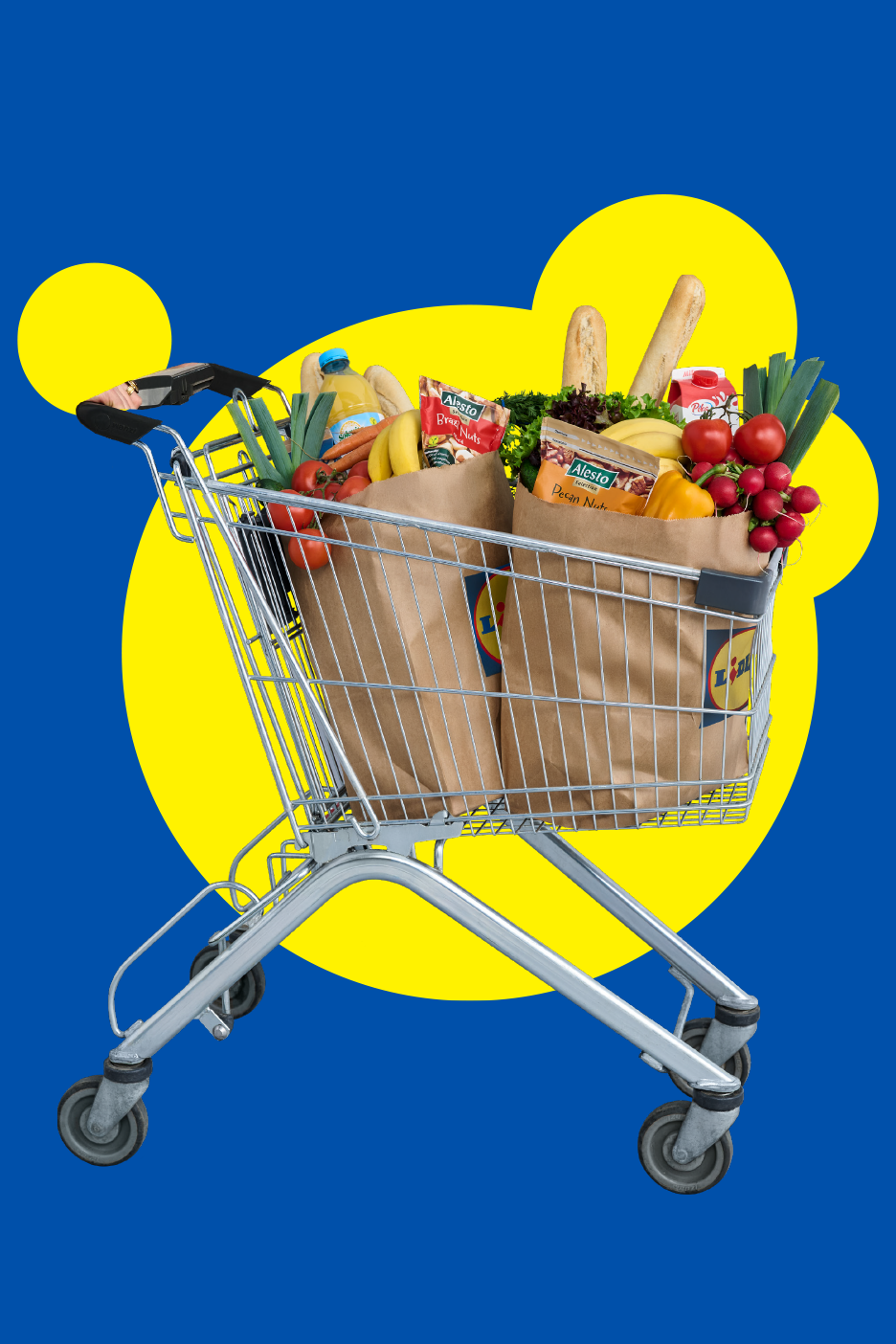 Pārtikas preču ratiņi ar pārtikas precēm, tostarp dārzeņiem, augļiem, maizi un riekstiem, uz zila un dzeltena fona.