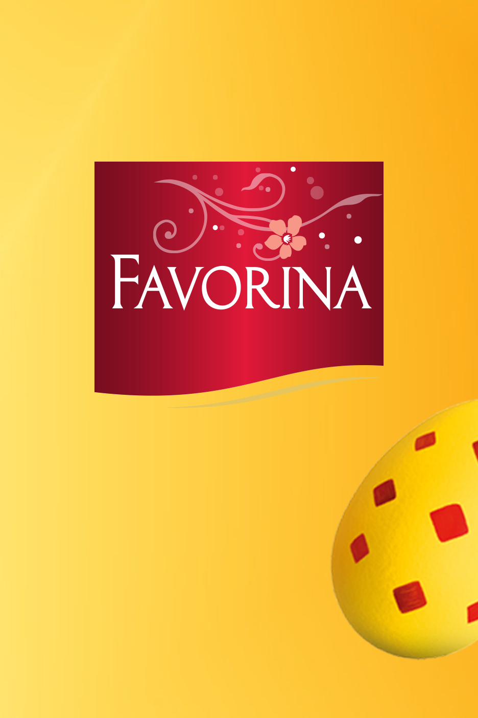 Sarkans logotips ar ziedu rakstu uz dzeltena fona ar Lieldienu olu.