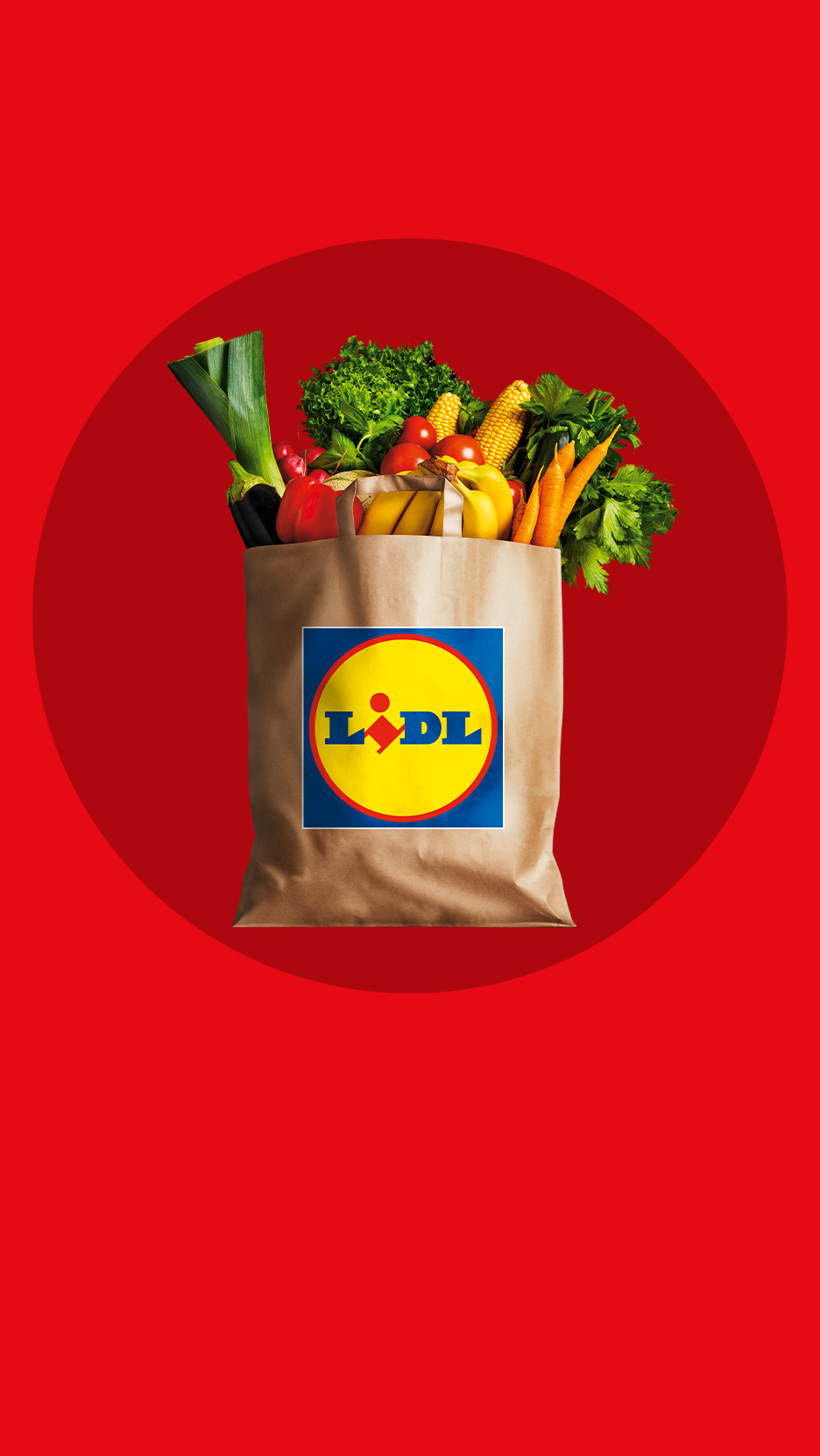 Lidl iepirkumu maisiņš ar svaigiem augļiem un dārzeņiem uz sarkana fona.