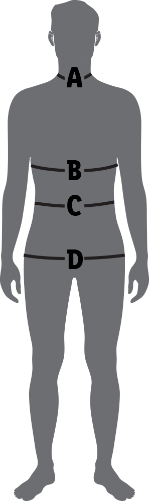Таблица размеров: мерки шеи, талии и бедер.