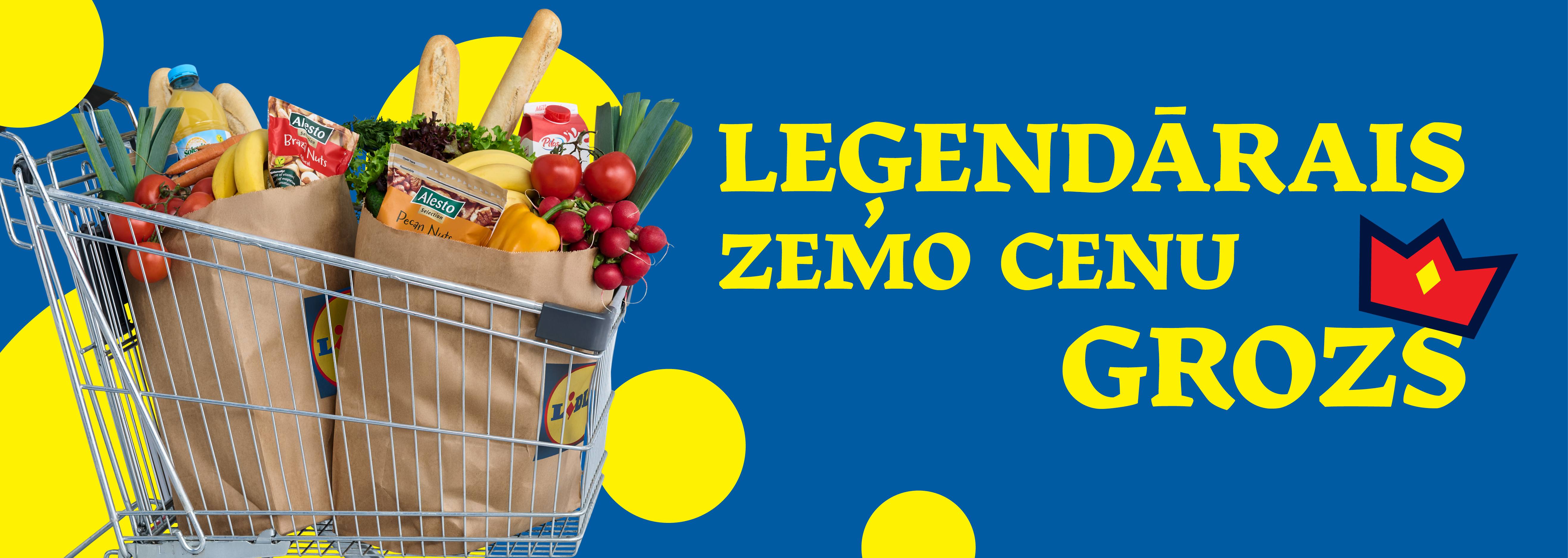 Lidl iepirkumu ratiņi ar Alesto riekstiem, sulu, dārzeņiem un augļiem. Akcija 'Leģendārais zemo cenu grozs'.
