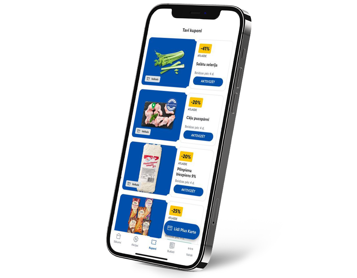 Mobilā lietotne ar atlaižu kuponiem pārtikas produktiem, piemēram, selerijām, vistas spārniem un biezpienam.