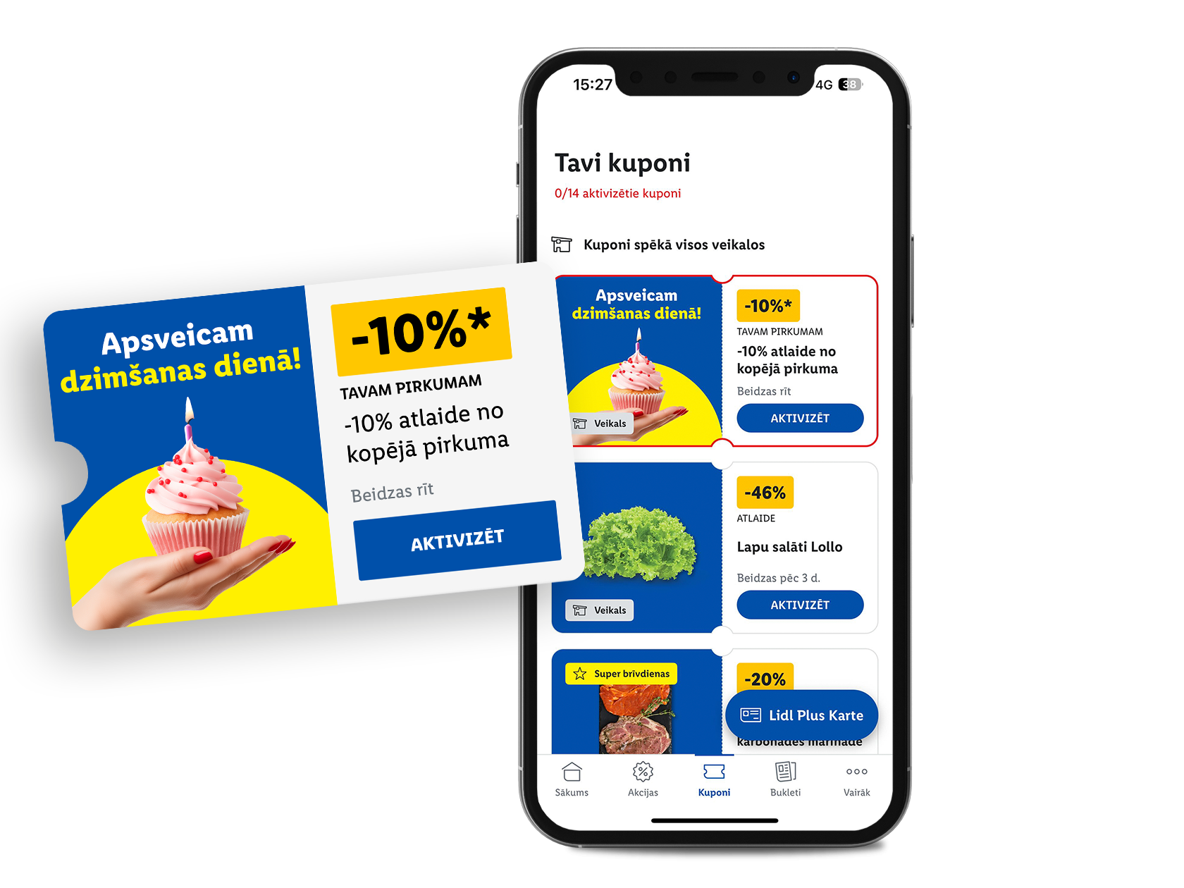 Mobilā lietotne ar atlaižu kuponiem, tostarp 10% dzimšanas dienā un atlaidēm lollo salātiem un gaļas produktiem.