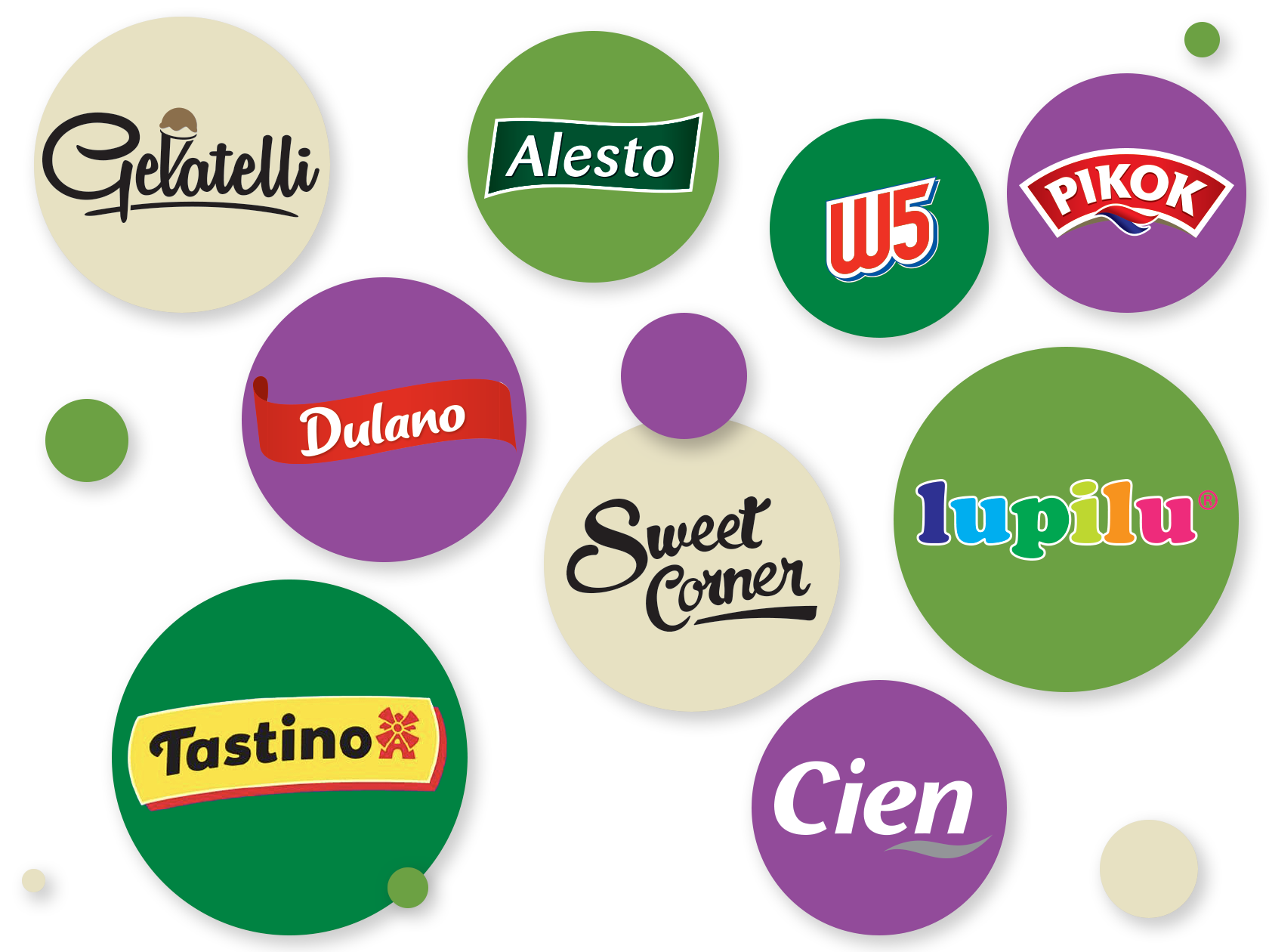 Lidl privāto preču zīmju logotipi: Gelatelli, Dulano, Tastino, Sweet Corner, Alesto, W5, Pikok, Lupilu, Cien.
