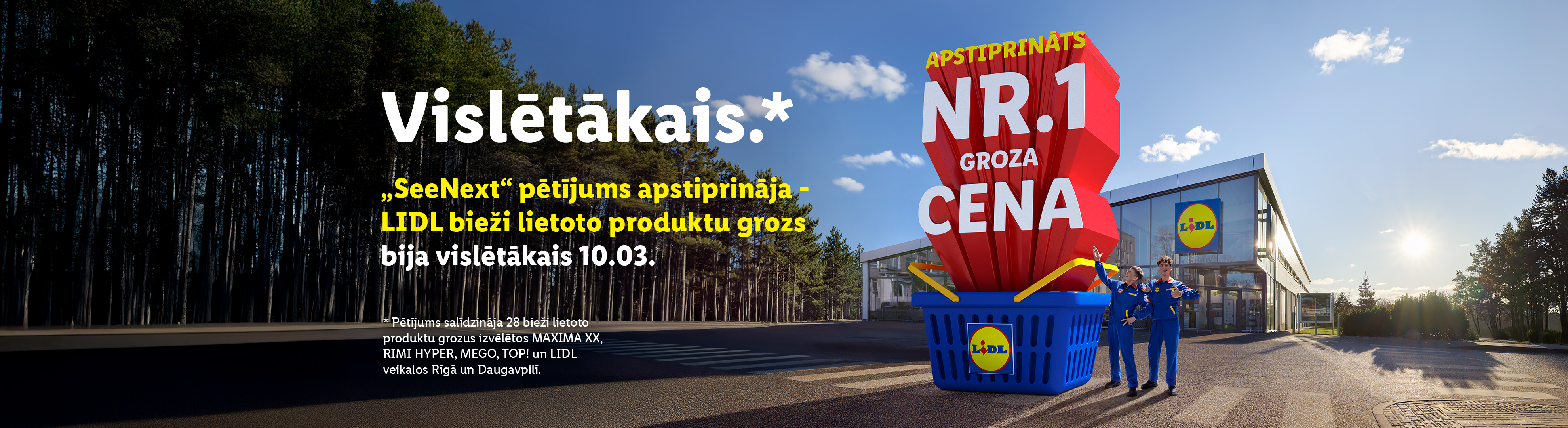 Lidl reklāmas baneris ar uzrakstiem «Vislētākais» un «Nr.1 groza cena».
